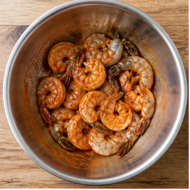 Step 1: Tossing raw shrimp with Cajun seasoning in a mixing bowl