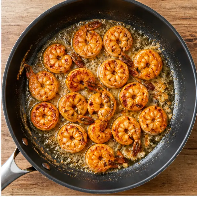Step 2: Searing seasoned shrimp in melted butter in a hot skillet