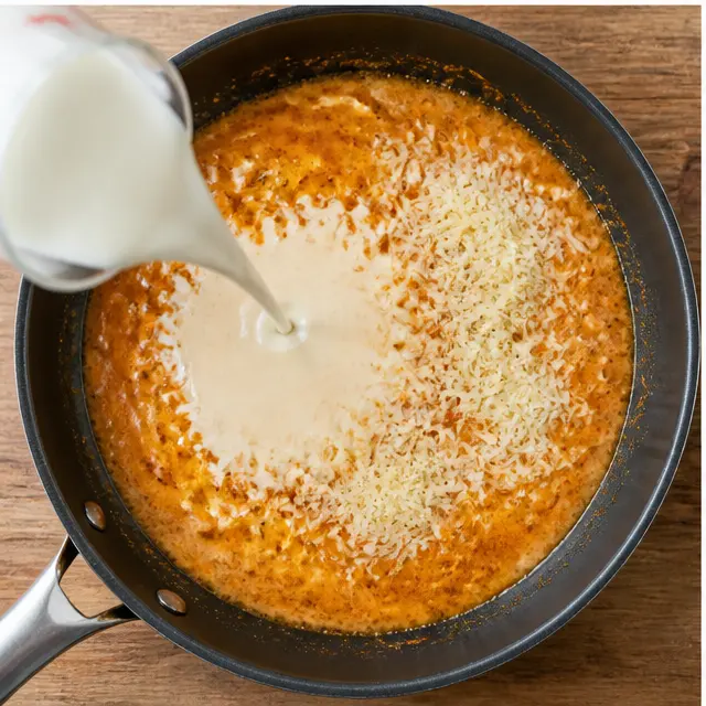 Step 3: Pouring heavy cream and melting parmesan into the sauce