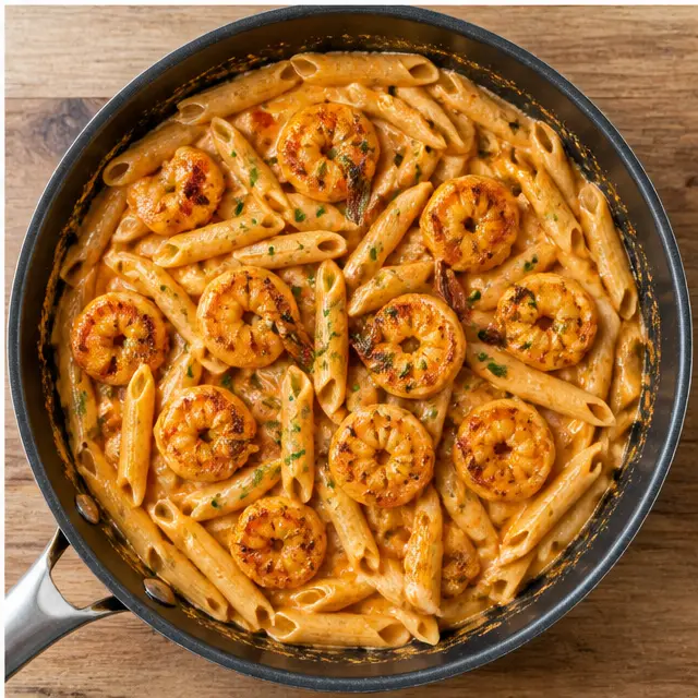 Step 4: Tossing cooked penne and shrimp with the creamy sauce