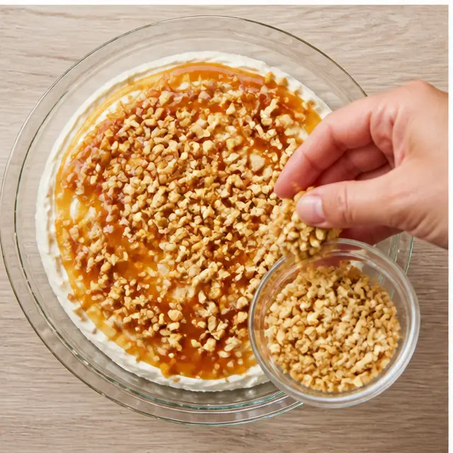 Step 3: Scatter crushed peanuts evenly across the caramel