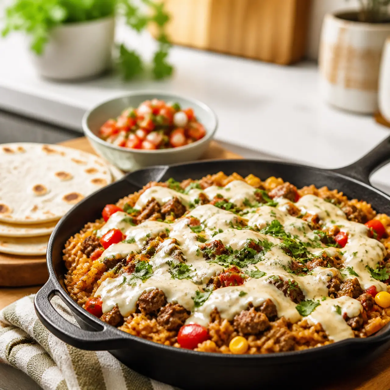 cheesy beef and rice skillet - final presentation