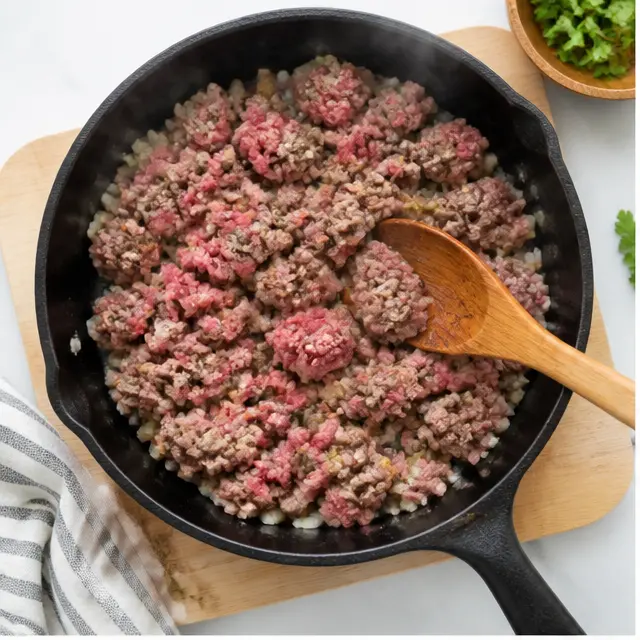 Step 1: Browning ground beef and onion with seasonings