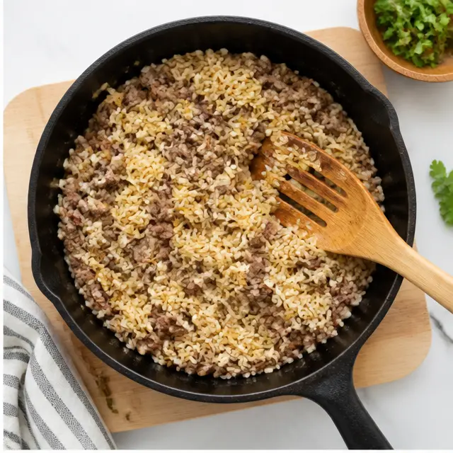 Step 2: Toasting jasmine rice with the beef