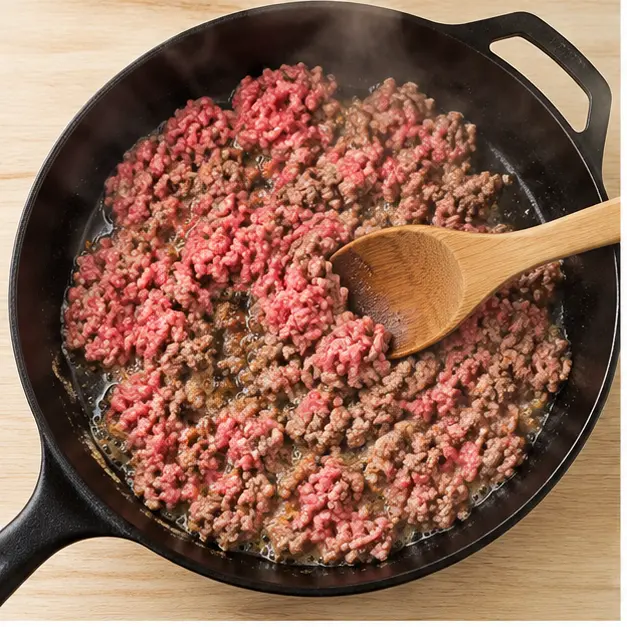 Step 1: Browning crumbled ground beef in a black cast iron skillet