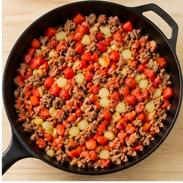 Step 2: Sautéing diced onion and red bell pepper with the browned beef