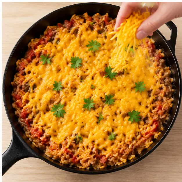 Step 4: Sprinkling shredded sharp cheddar cheese over the finished rice and beef mixture