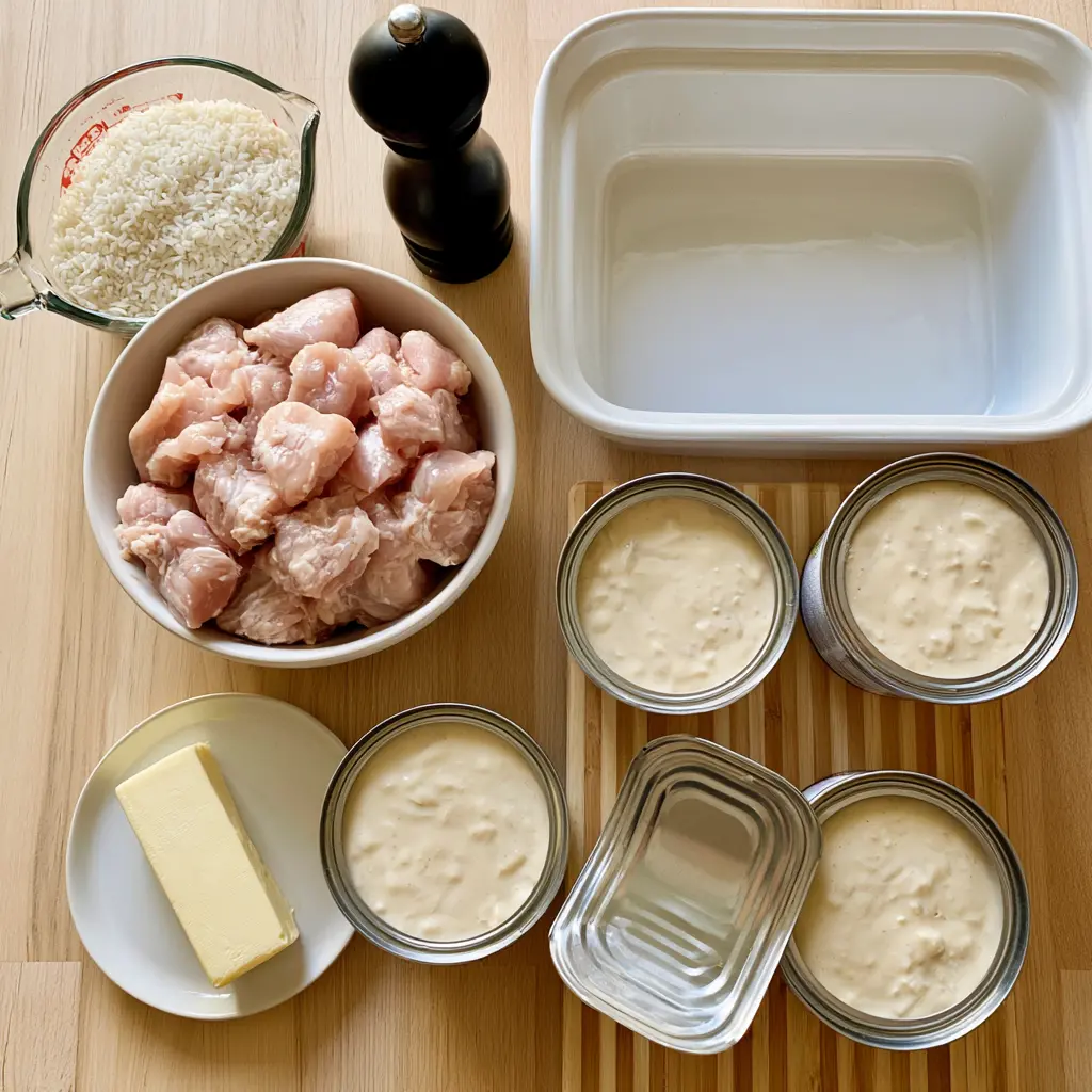 chicken and rice casserole - main ingredients