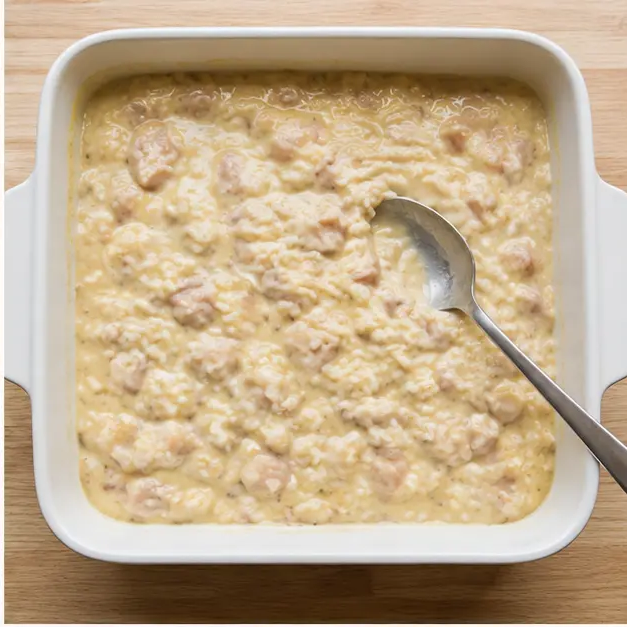 Step 2: Stirring the creamy soup, rice, and chicken together