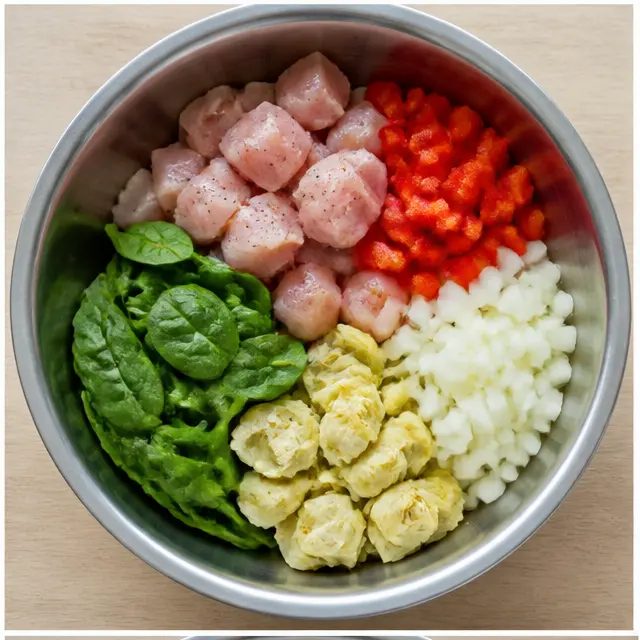 Step 1: Cut the chicken into 1-inch pieces and prep the vegetables