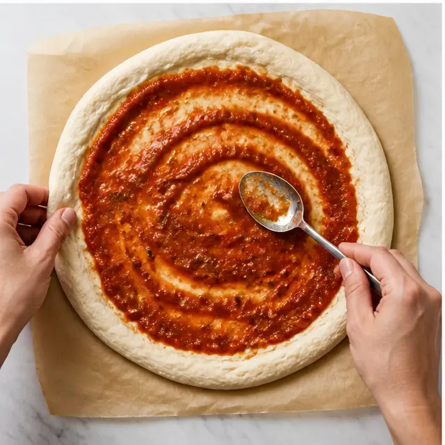 Step 3: Spreading the sauce and stretching the dough