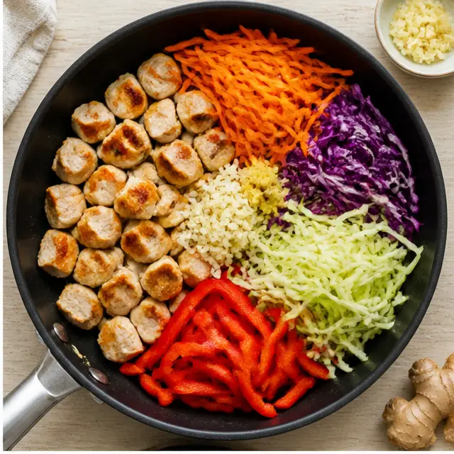 Browning chicken cubes with piled fresh vegetables