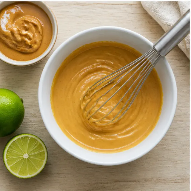 Whisking the creamy almond lime sauce in a small bowl