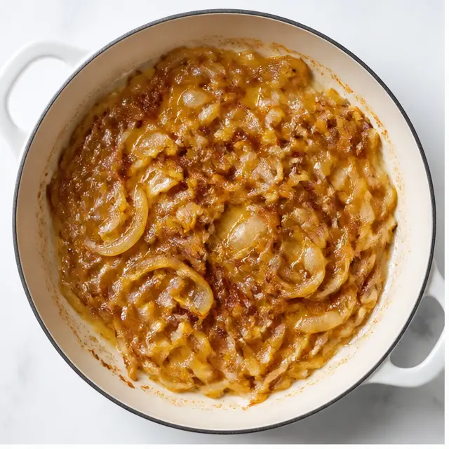 Step 1: Caramelizing sliced onions in butter and olive oil until deep golden