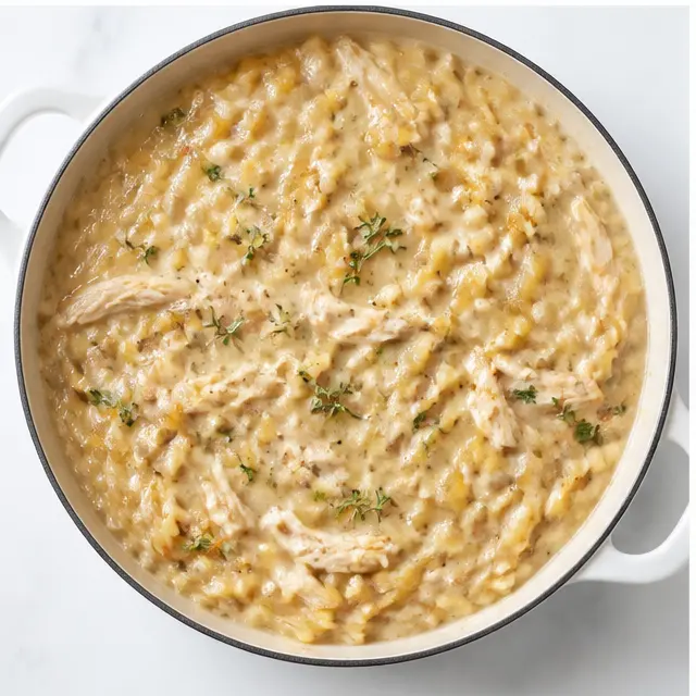 Step 3: Simmering orzo in chicken broth and cream until silky and glossy