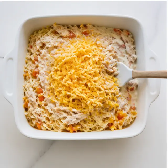 Stage 3: Combining chicken, spaghetti, sautéed vegetables, soup, and cheddar in the casserole dish