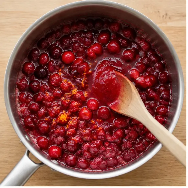 Step 1: Simmering cranberries with orange juice and zest until they burst