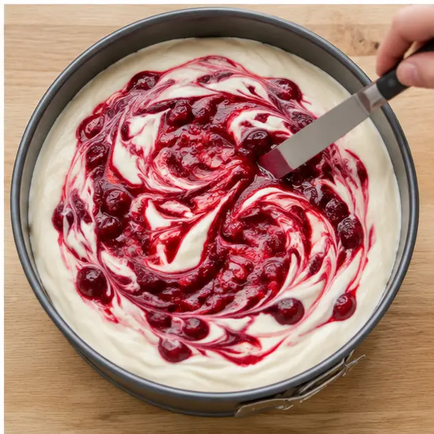Step 4: Swirling crimson cranberry sauce through the ivory filling for marbling
