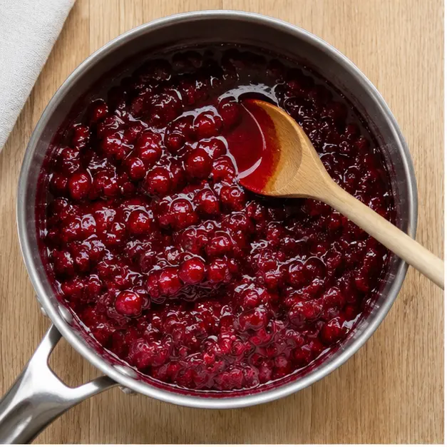 Simmer fresh cranberries with sugar, lemon zest, lemon juice, and water until they burst into a glossy garnet compote