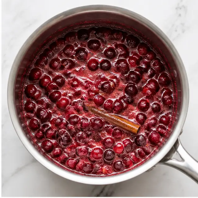 Step 2: Simmering cranberries, sugar, and orange juice into a thick compote