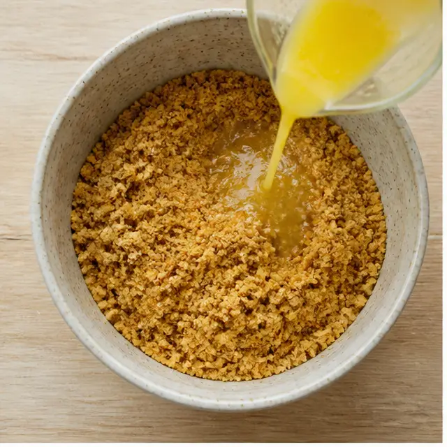Step 1: Pressing the graham cracker crumb crust into the pan