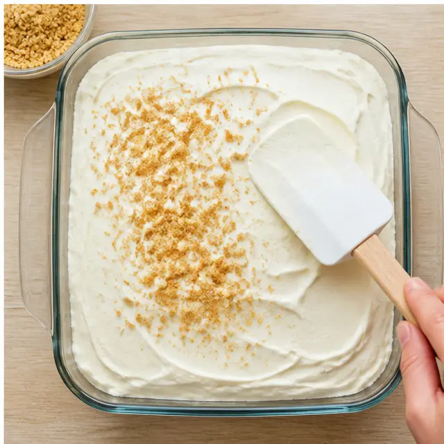 Step 4: Spreading the top cream layer and sprinkling crumbs