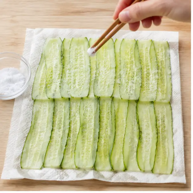 Step 1: Slicing cucumber paper-thin and salting it to draw out moisture