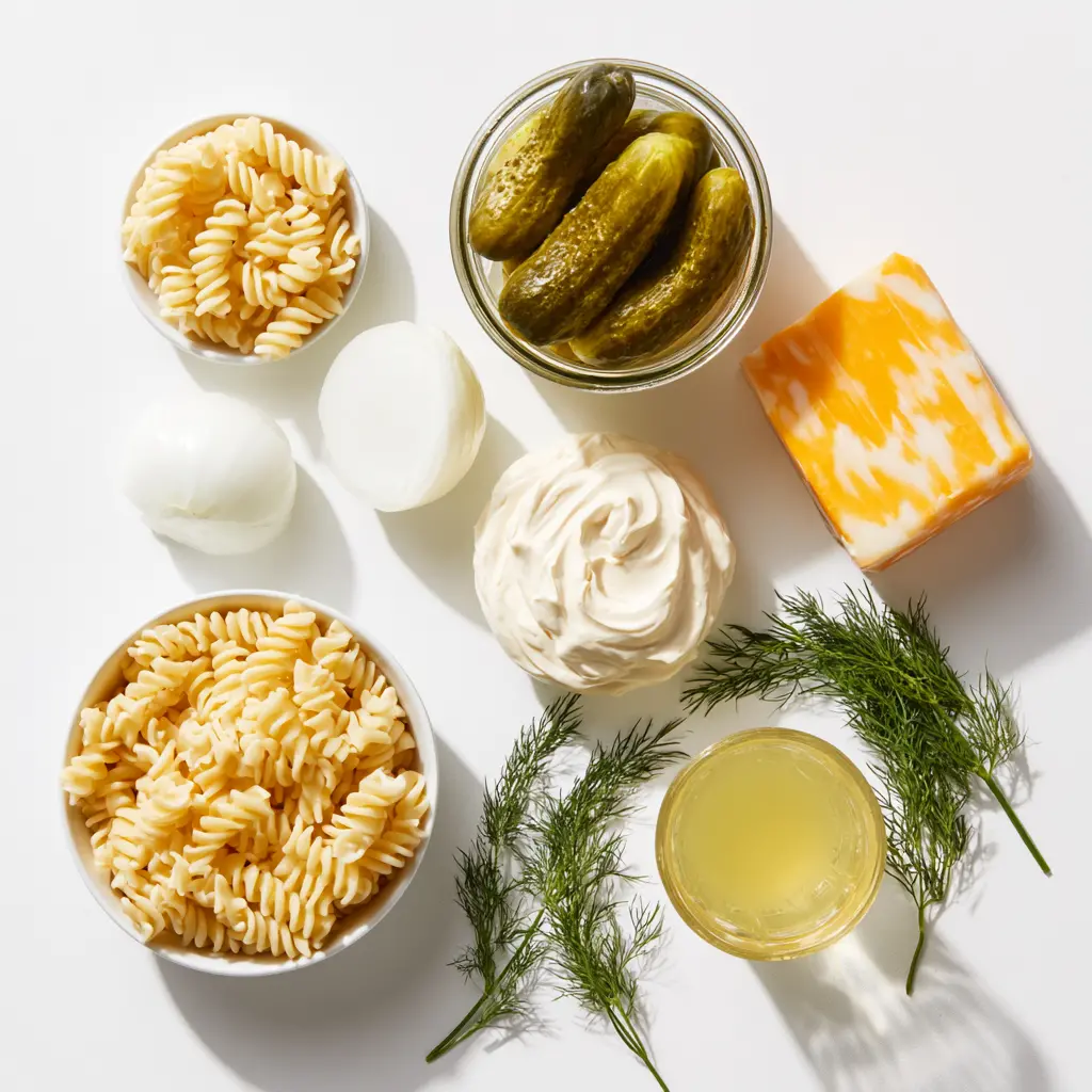 dill pickle pasta salad - main ingredients