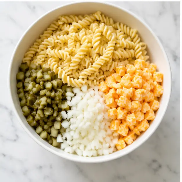 Step 3: Combining cooled pasta with pickles, onion, and cheese