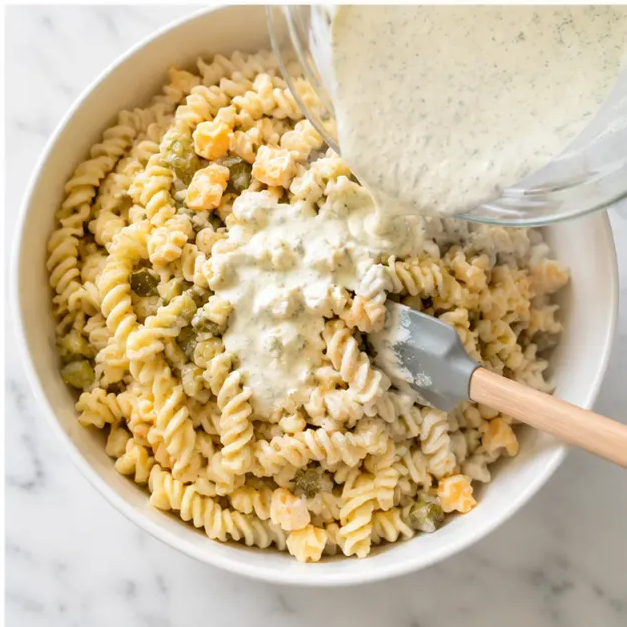 Step 4: Folding dressing into the pasta salad