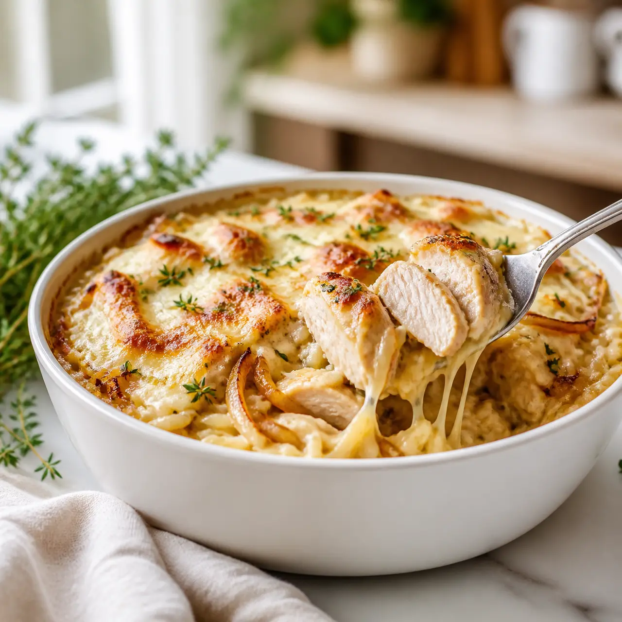 french onion chicken orzo casserole - final presentation