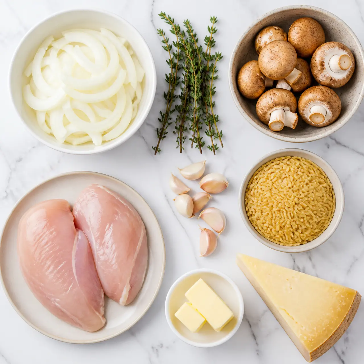 french onion chicken orzo casserole - main ingredients