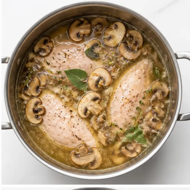 Step 2: Simmer chicken fillets and mushrooms with herbs and broth