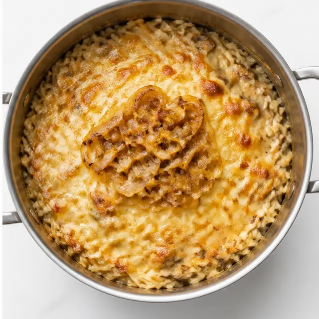 Step 4: Broil the Gruyere-topped casserole until golden and bubbly