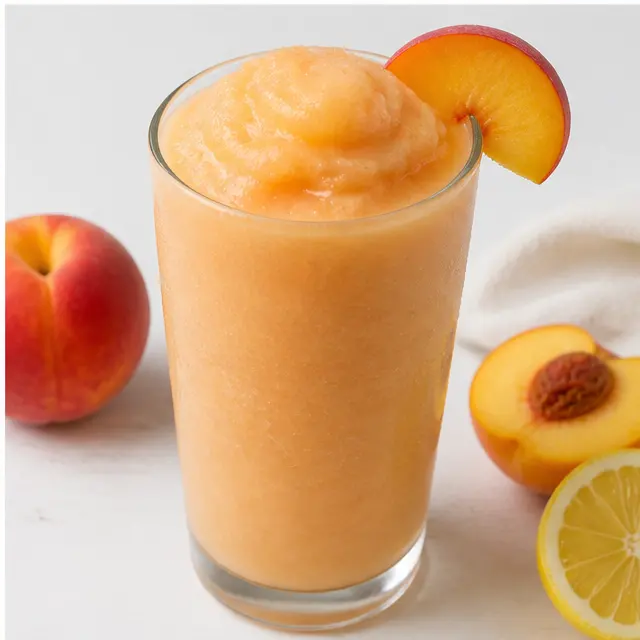 Step 4: Pouring the finished slush into a glass with a peach garnish