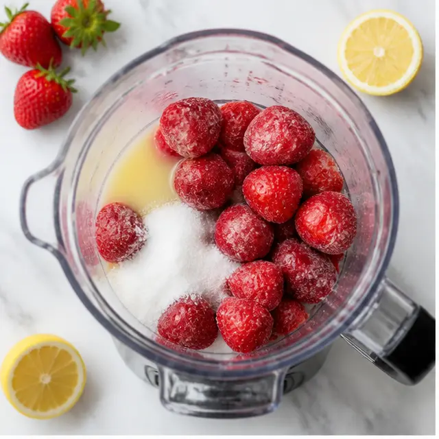 Step 1: Combine frozen strawberries, lemon juice, and sugar in a blender