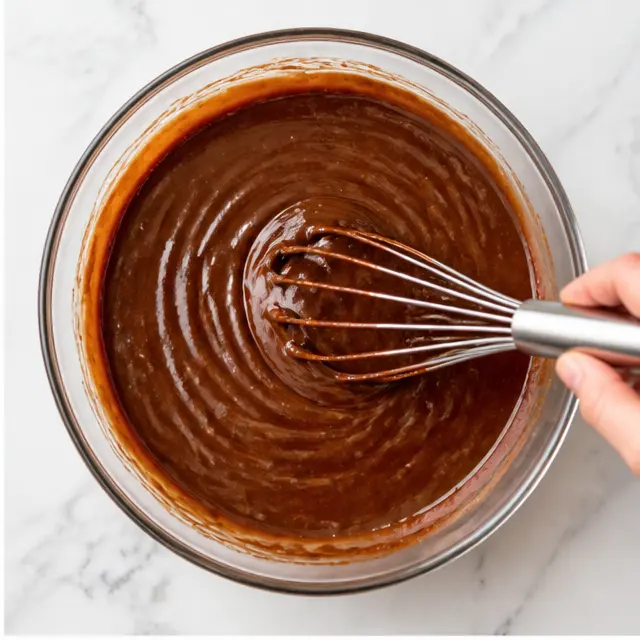 Step 2: Whisking eggs, sugars, and vanilla into melted chocolate and butter until shiny
