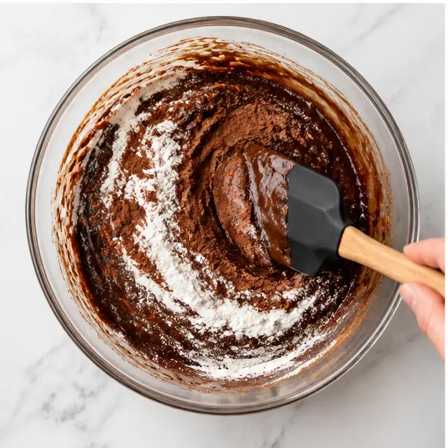 Step 3: Folding flour, cocoa powder, and salt into the wet batter just until combined