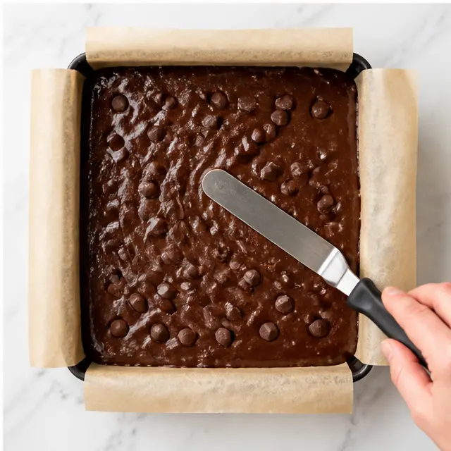 Step 4: Smoothing the thick brownie batter into a parchment-lined 9x9 baking pan