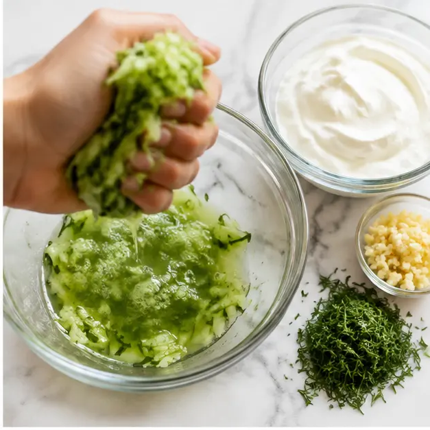 Step 2: Grate and squeeze the cucumber for tzatziki