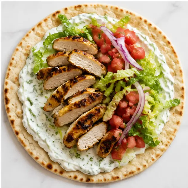 Step 4: Layer tzatziki, chicken and toppings on warm pita