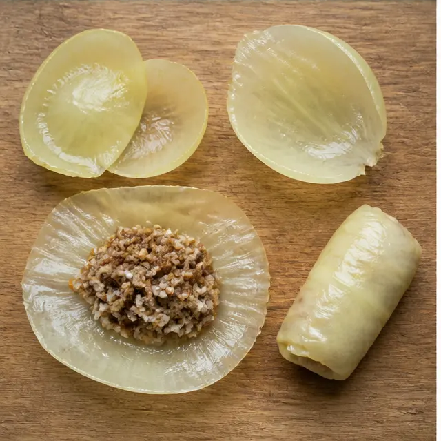 Roll onion layers around the beef and rice filling