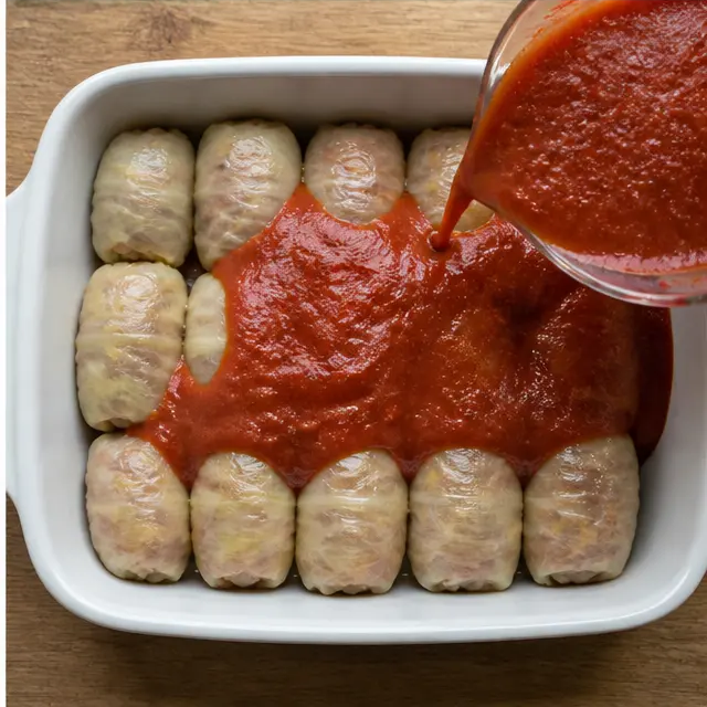 Pour tomato sauce over the rolls and bake