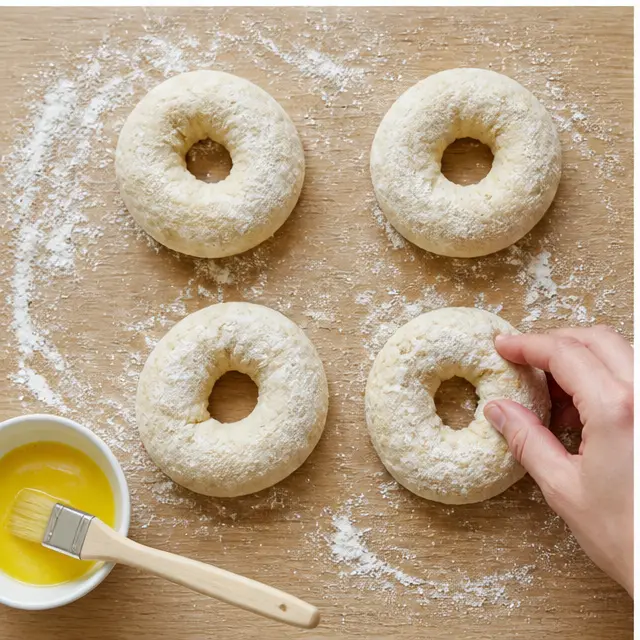 Divide the dough, shape into bagel rings, and brush with egg wash