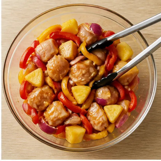 Step 2: Tossing chicken, pineapple, and peppers with half the glaze