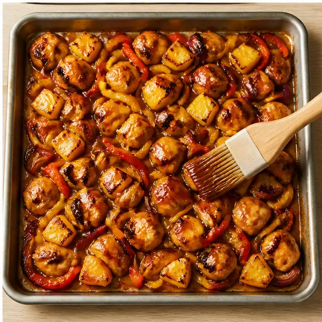 Step 4: Brushing reserved glaze over the caramelized chicken and pineapple