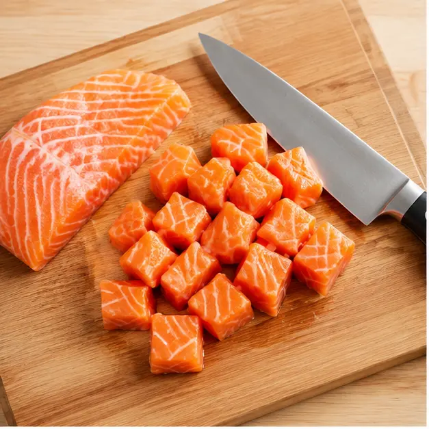 Cutting salmon into uniform 1-inch cubes
