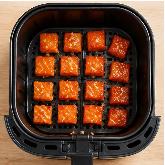 Arranging glazed salmon bites in the air fryer basket
