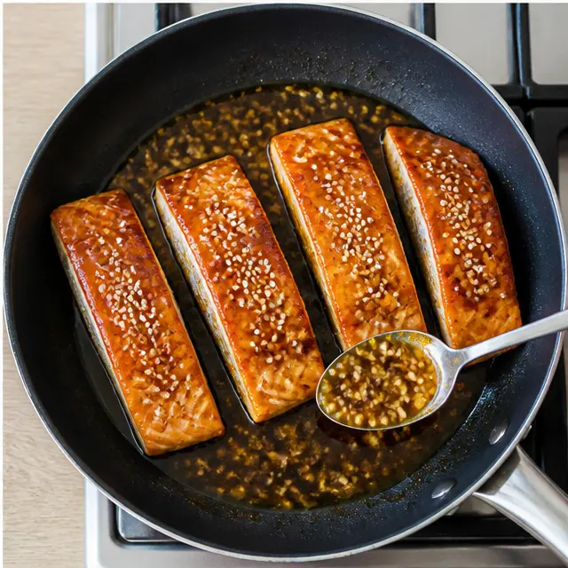 Step 4: Basting the seared salmon with the caramelized honey garlic glaze.