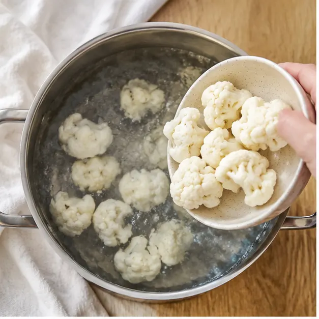 Step 1: Adding raw cauliflower florets to boiling salted water